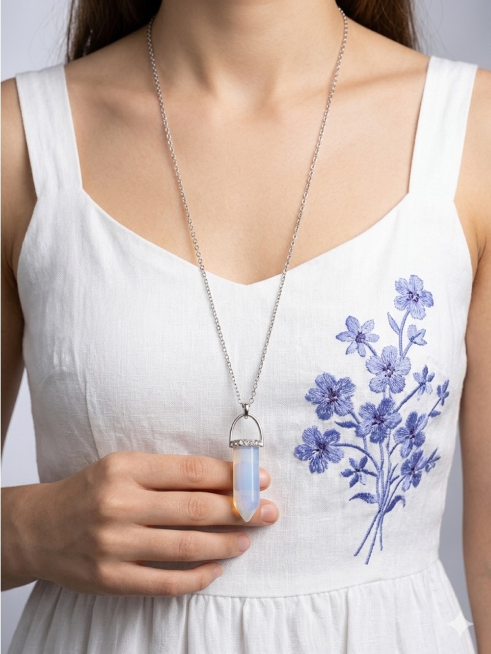 Light Blue Hexagon Pendant Necklace – Silver-Tone Chain with Ornate Cap